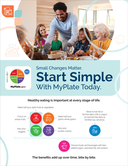 Black man serving food with MyPlate logo and text about Start Simple